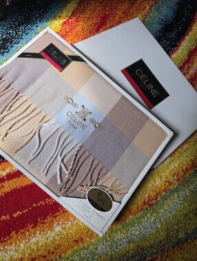 Authentic CELINE Beige and Cream Check Fringe Scarf/ Throw